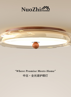 Home法式中古风卧室吸顶灯2025新款高级感胡桃木色主卧房间护眼灯