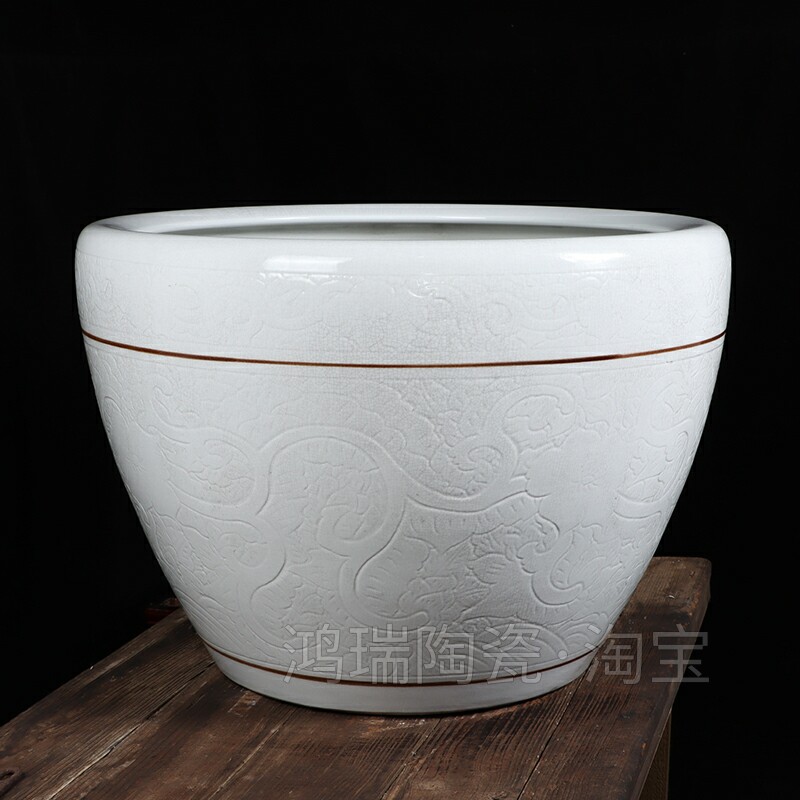 景德镇手工雕刻纯色开片釉陶瓷大水缸养鱼荷花睡莲盆家用客厅装饰