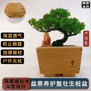 斗型斜口日式花盆培养养护复壮木头花盆梯形盆栽杜鹃原木炭化木盆