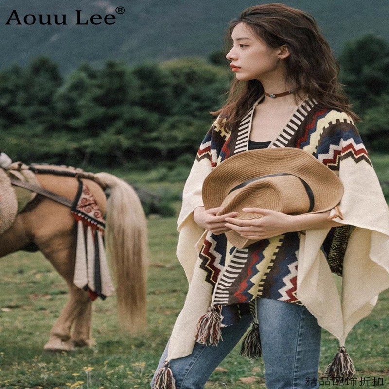 AOUULEE百搭女波西米亚针织披风