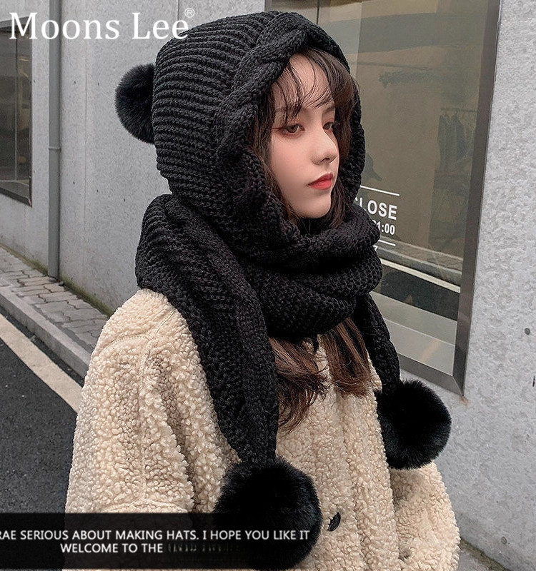 MoonsLee韩版毛线帽子女秋冬季连围巾一体护耳加厚保暖黑色针织帽