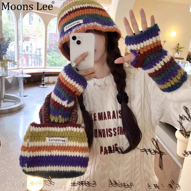 MoonsLee韩版秋冬手工钩花彩色毛线帽女新款保暖针织手套甜酷帽子