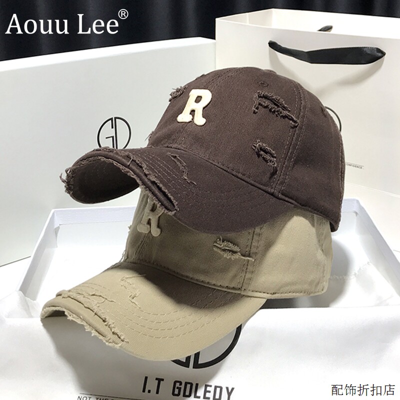 MoonsLee咖啡色软顶鸭舌帽男潮流破洞帽子女夏做旧防晒网红棒球帽