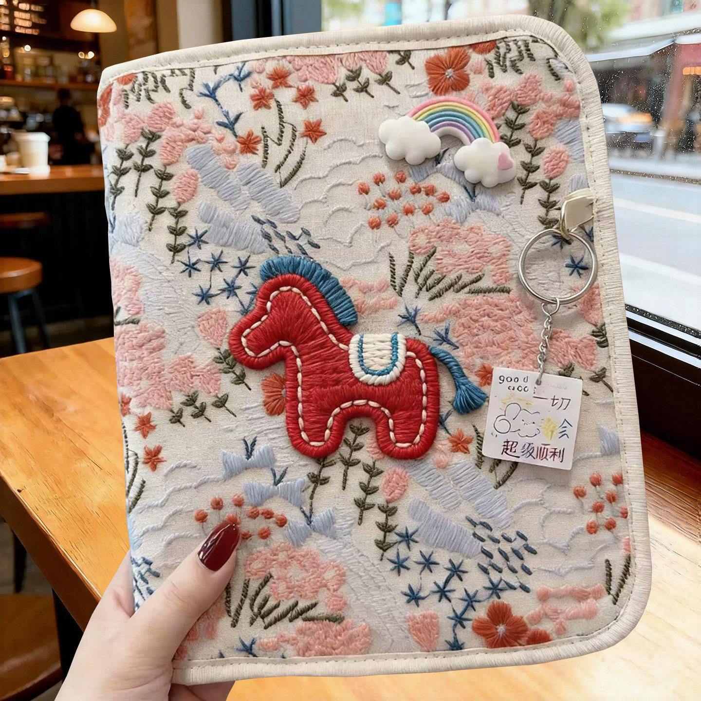 刺绣小红马孕检收纳册带拉链包2026新款可折叠产检报告单马宝宝怀