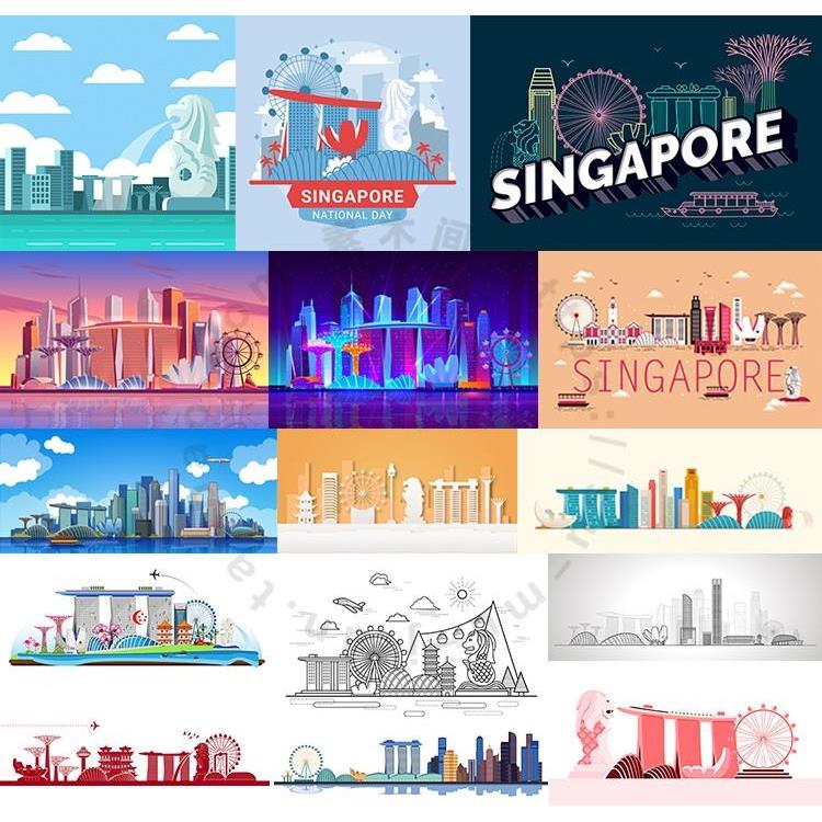 新加坡地标建筑插画 手绘城市景点海报背景 AI格式矢量设计素材