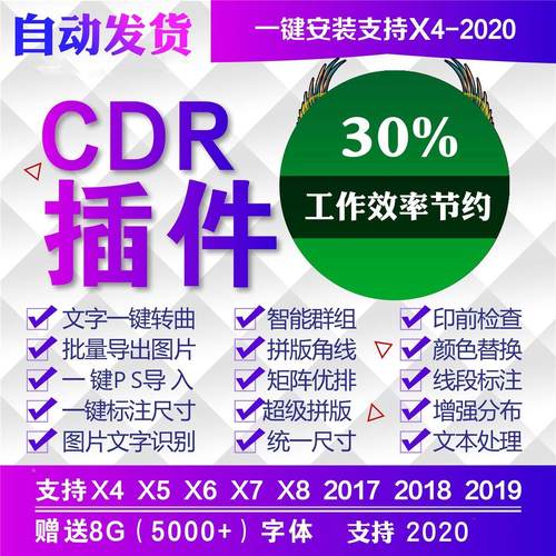 CDR增强插件 2020 2019 2018 2017 X4 X7 X8 一键PS转曲导图巡边