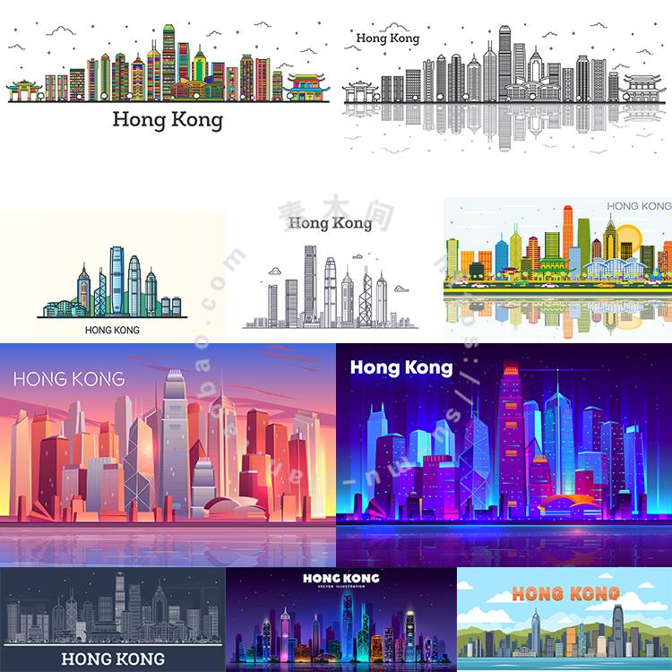 香港地标建筑插画 手绘线描行政区繁华夜景 AI格式矢量设计素材