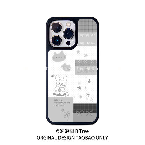 BTree原创小众灰格纹拼接蝴蝶结涂鸦适用于iPhone17Air苹果16promax15plus14手机软壳13磁吸黑边框亚克力防摔