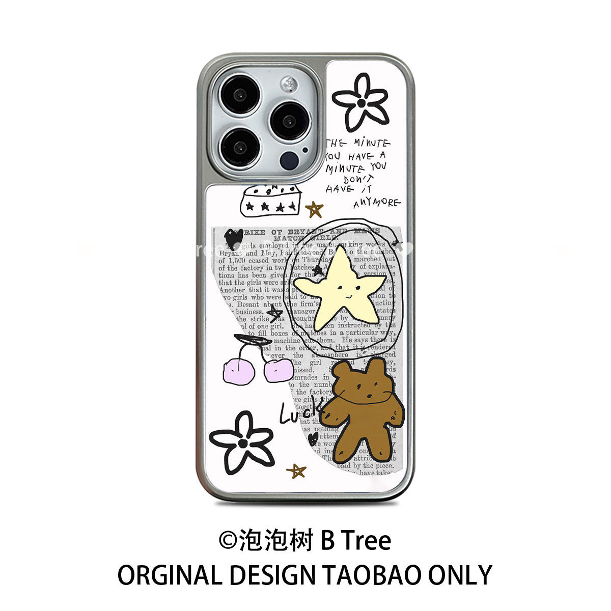 BTree原创英文拼贴手绘插画个性适用iPhone17Air苹果16promax全包15plus14手机壳13电镀银边框PC软胶金属晶瓷,3C数码配件,手机保护套/壳,淘宝优惠券,粉丝福利购,淘宝优惠卷