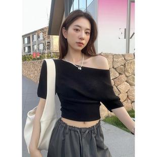 扬子纱超细美丽诺羊毛斜肩可拉一字肩短袖 修身 T恤收腰短款 针织衫
