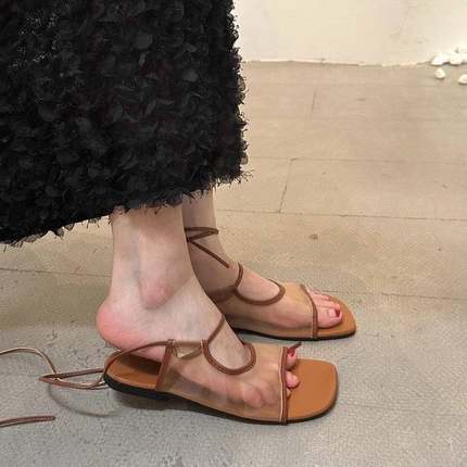法式小众罗马透气网纱平底凉鞋女2025夏季新款方头露趾绑带拖鞋