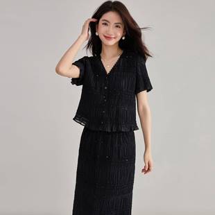 气质V领褶皱木耳边套装 25严选夏法式 温柔甜美上衣15656半裙15659