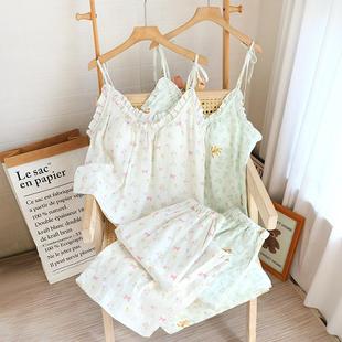 吊帶九分褲 新款 純棉雙層紗布睡衣女帶胸墊夏季 薄款 可愛ins家居服
