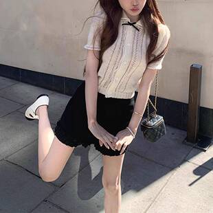 系乖乖牌 女显瘦甜美减龄上衣 细支马海毛夏针织娃娃领短袖 小衫