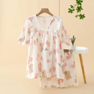 短袖 薄款 纯棉纱布睡衣女夏季 短裤 棉纱V领甜美宽松大码 家居服套装
