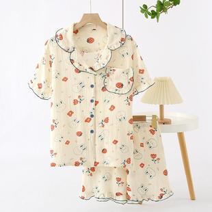 睡衣 纯棉双层纱布吸汗透气 女夏短袖 薄款 甜美宽松家居服短裤 套装