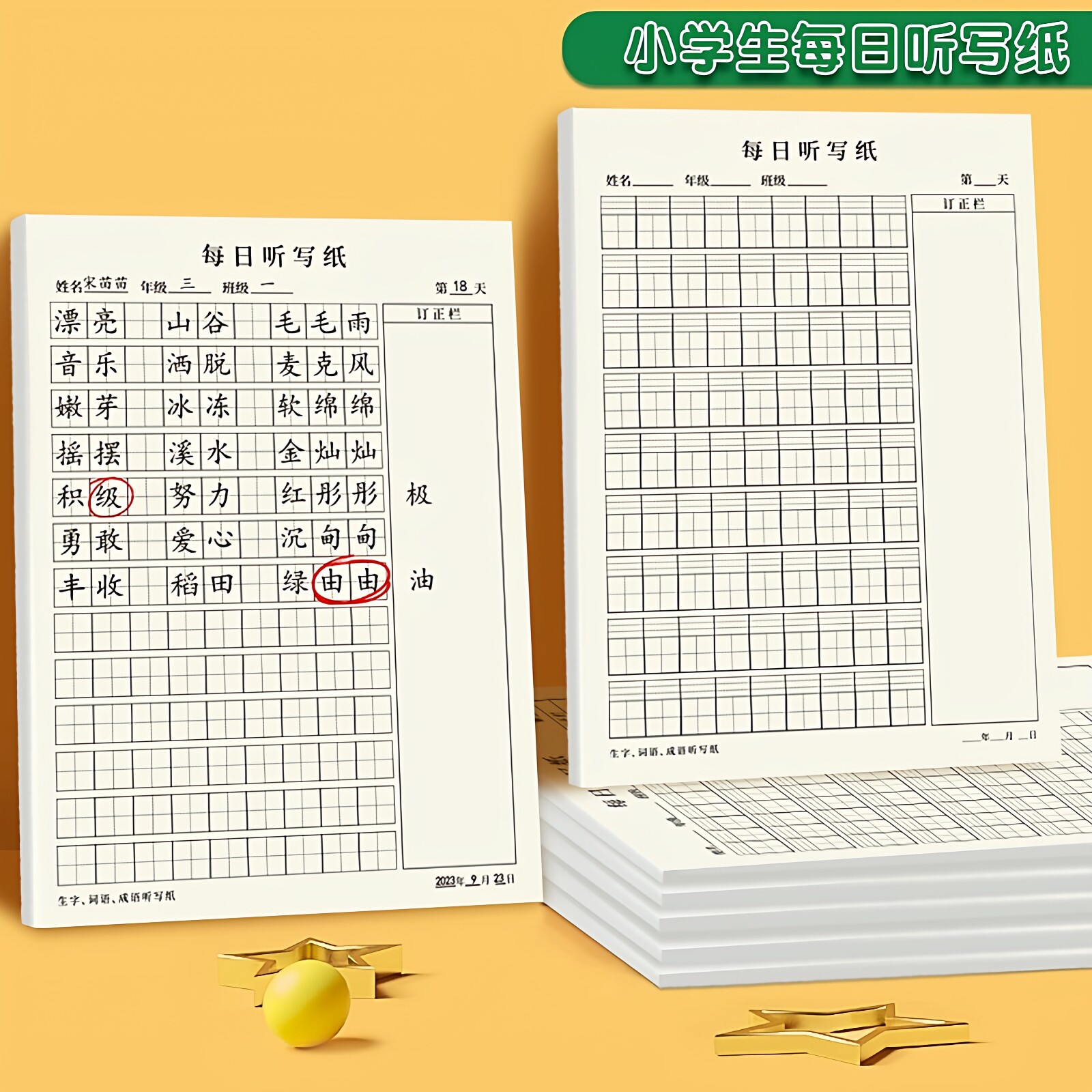 小学生语文每日听写纸16K一二三年级每日一页默写生字组词拼音田