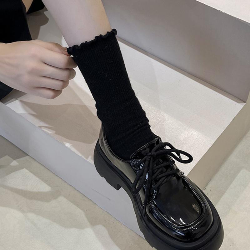 搭配鞋的袜子薄款堆堆袜女秋季春秋木耳边小皮鞋黑色中筒D