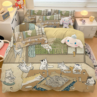 卡通浮世绘猫咪儿童全棉床上四件套单被套可爱学生床品宿舍三件套