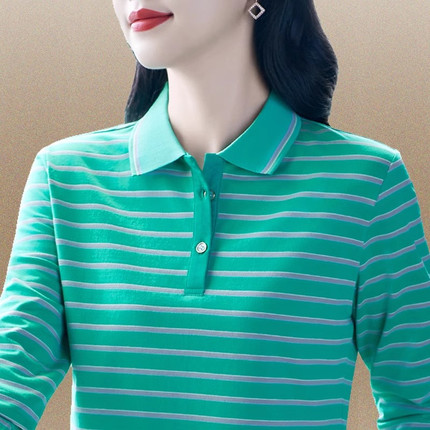 清仓秒杀外贸尾货纯棉polo衫t恤女条纹翻领长袖中年妈妈款上衣服