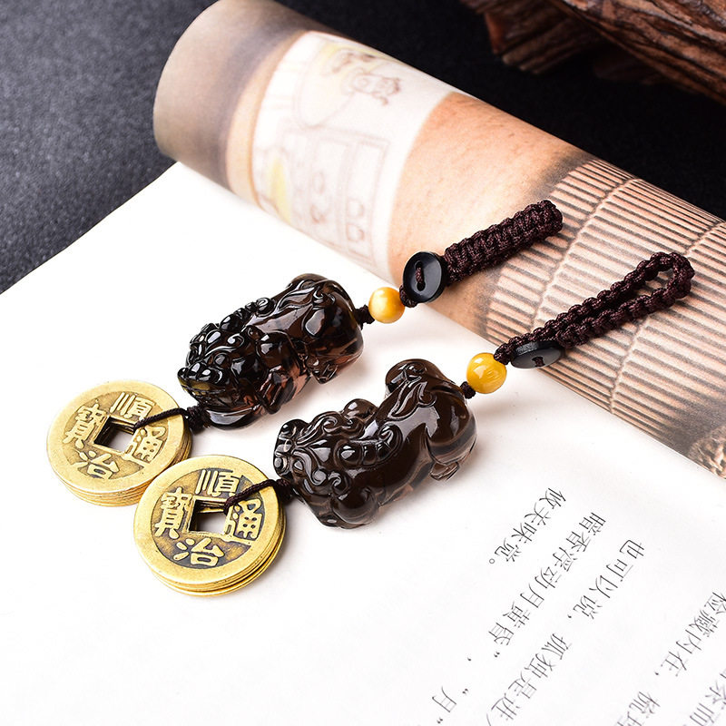 日系设计师topwhit龙马珠宝彩虹眼黑曜石弯头貔貅五帝钱钥匙扣