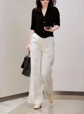 coss koko新款简约黑色v领净版打底衫高腰阔腿长裤洋气