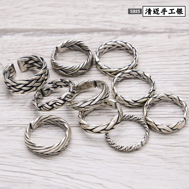 日系设计师topwhits925银清迈手工银戒指男女情侣复古泰银麻绳