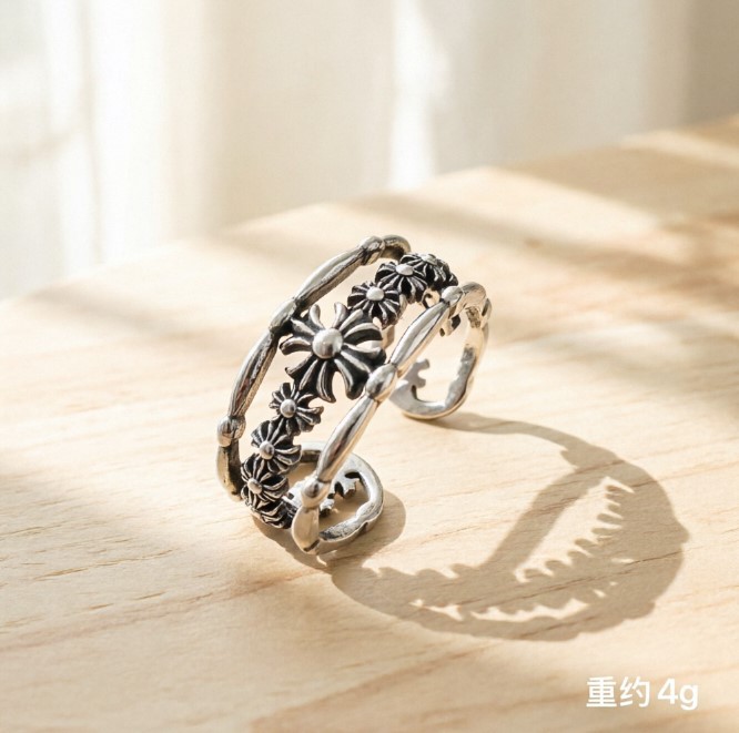 日系设计师topwhit银中古风镂空十字花花戒指女小众设计感复古