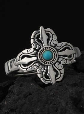 日本coss koko复古戒指男十字降魔杵银指环镶嵌绿松石金刚杵复古