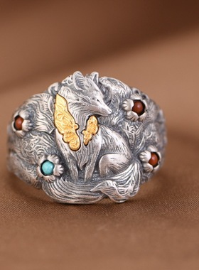 日本coss koko银狐狸戒指复古九尾灵狐银指环个性设计食指戒子