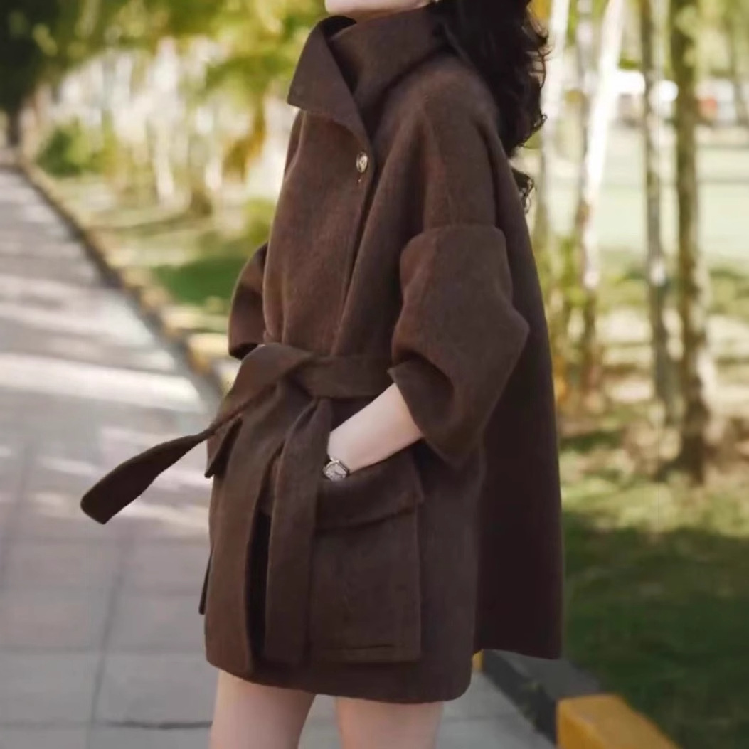 日系cherrykoko23265婕妤秀中长款呢子外套秋冬款系带收腰大衣