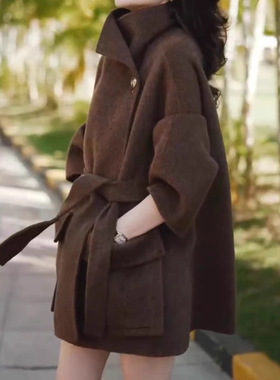 日系cherrykoko23265婕妤秀中长款呢子外套秋冬款系带收腰大衣