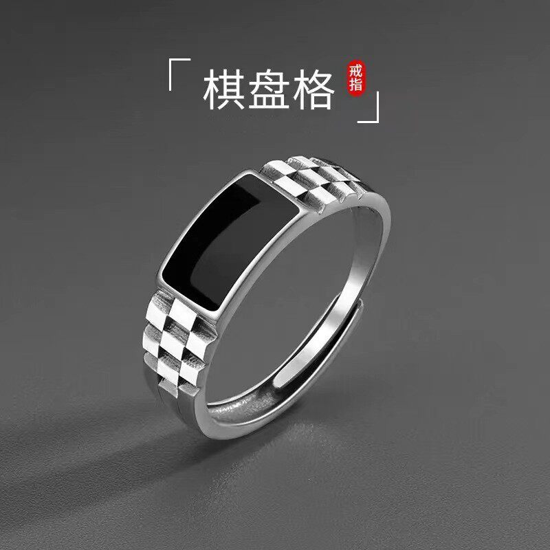 日本coss koko银戒指男生新款潮牌百搭高级感滴胶棋盘格首饰开口