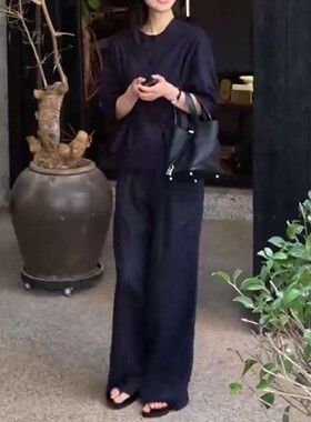 coss koko夏季新款简约圆领七分袖衬衫宽松阔腿长裤女