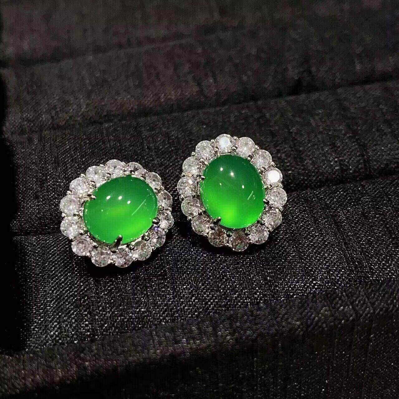 无事牌 银镶嵌冰绿玉髓耳钉玛瑙大气款女士时尚玉石耳环