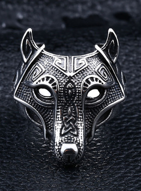 日本coss koko狼头戒指男潮嘻哈欧美复古霸气潮人银维京黑曜石