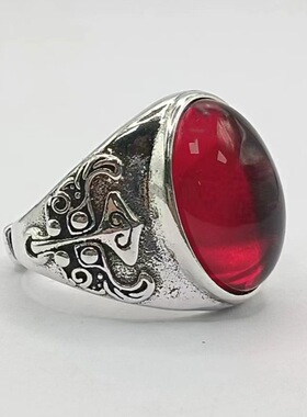 日本coss koko银中古玛雅风格复古雕花红宝石榴石戒指男大码可