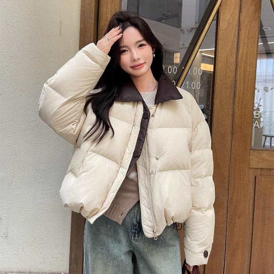日系cherrykoko年羽绒服女短款翻领撞色皮衣领时尚保暖白鸭绒