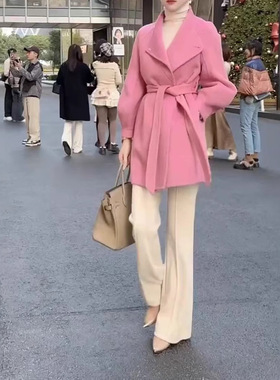 日本coss koko秋冬新款减龄粉色中长款外套时尚微喇裤女装