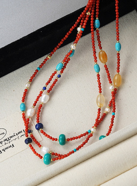 日本coss koko珍珠串珠项链女时尚红色石珊瑚夺宝个性多巴胺百搭