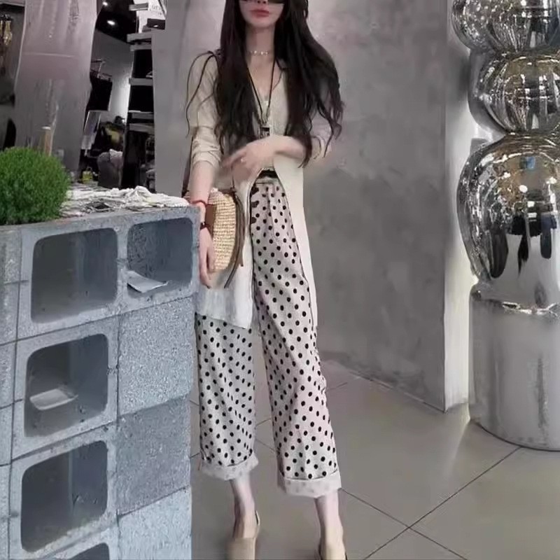 日本coss koko夏季新款薄款防晒修身上衣波点显瘦直筒裤女