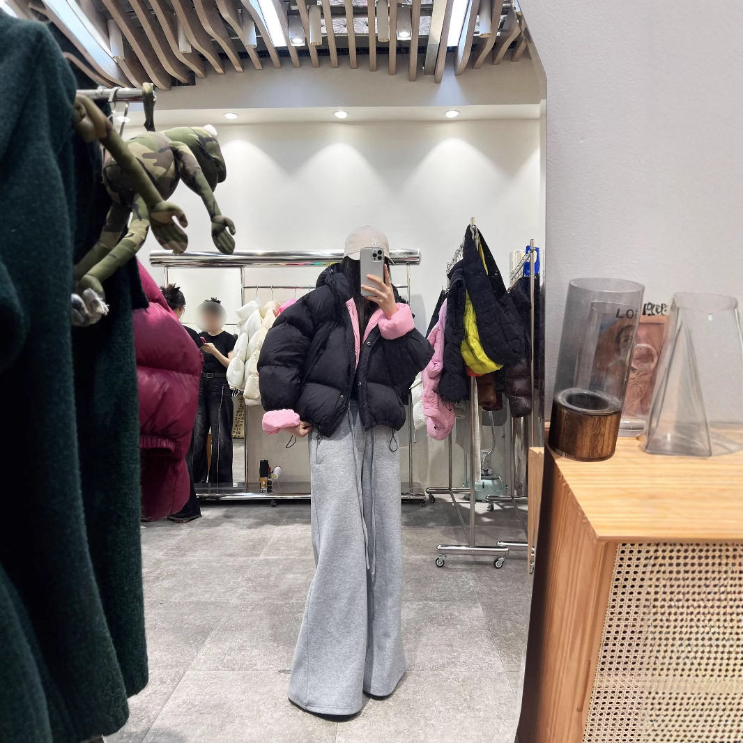 日系cherrykoko羽绒服女短款连帽冬美拉德撞色加厚宽松外套