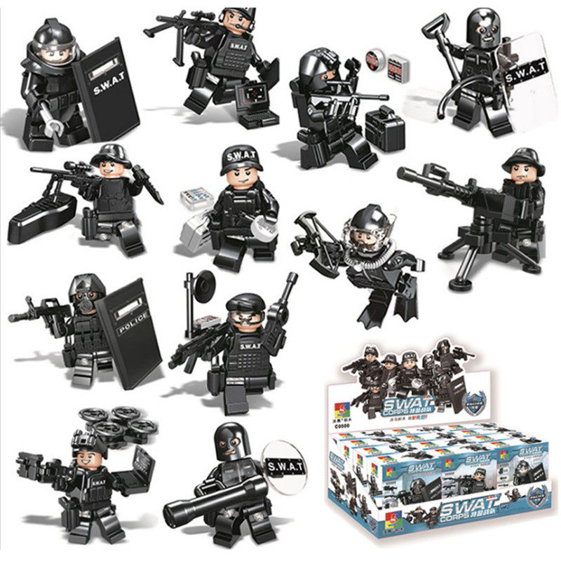 盒装沃马积木0500特警战队12号人物男孩子拼装积木人偶武器玩具