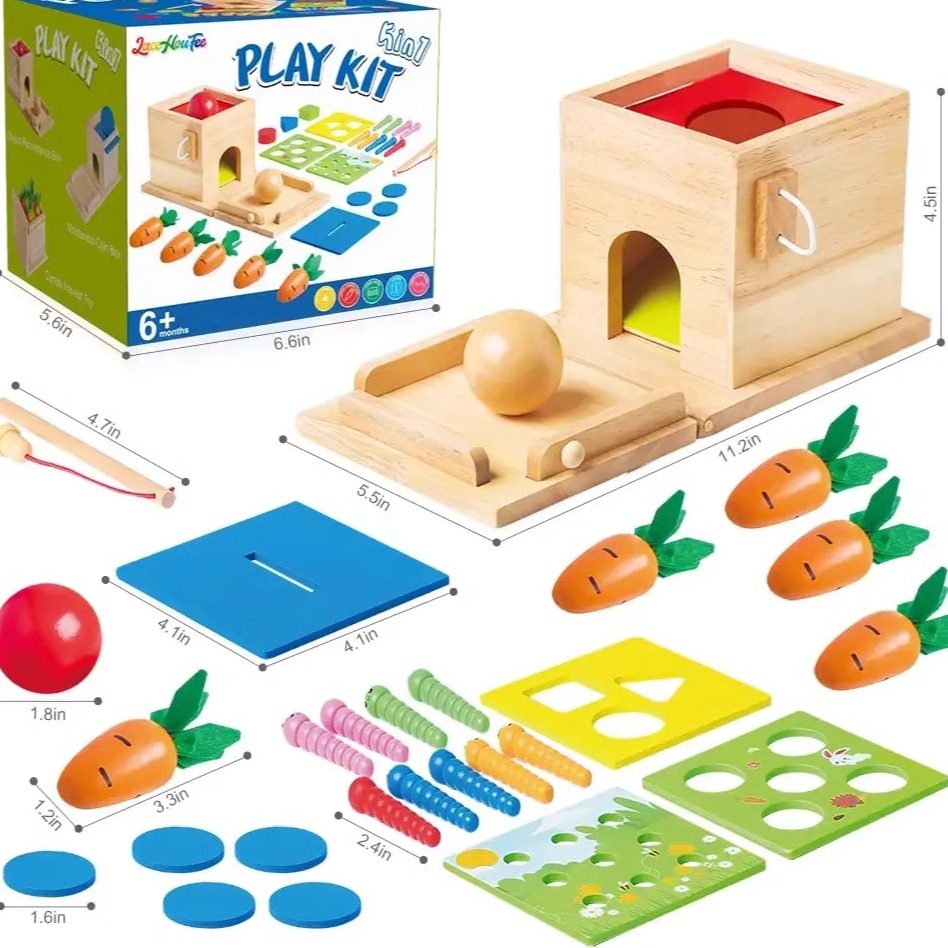 5 合 1蒙特梭利木制永久盒硬币盒拔胡萝卜形状分类器幼儿学习玩具