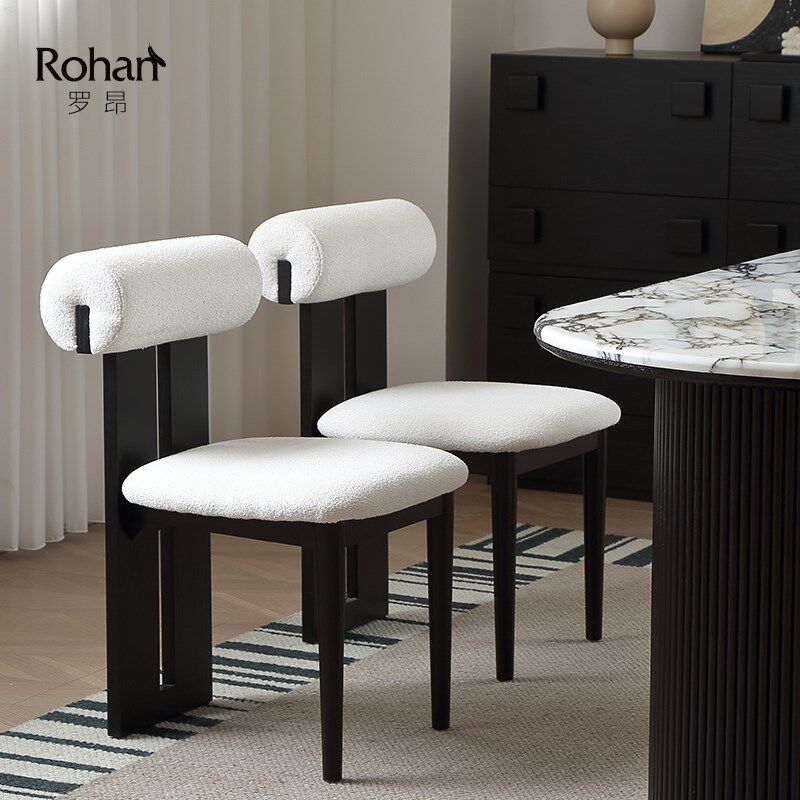 优选法式中古侘寂风河马椅羊羔绒餐椅小户型卧室化妆凳白蜡木实木