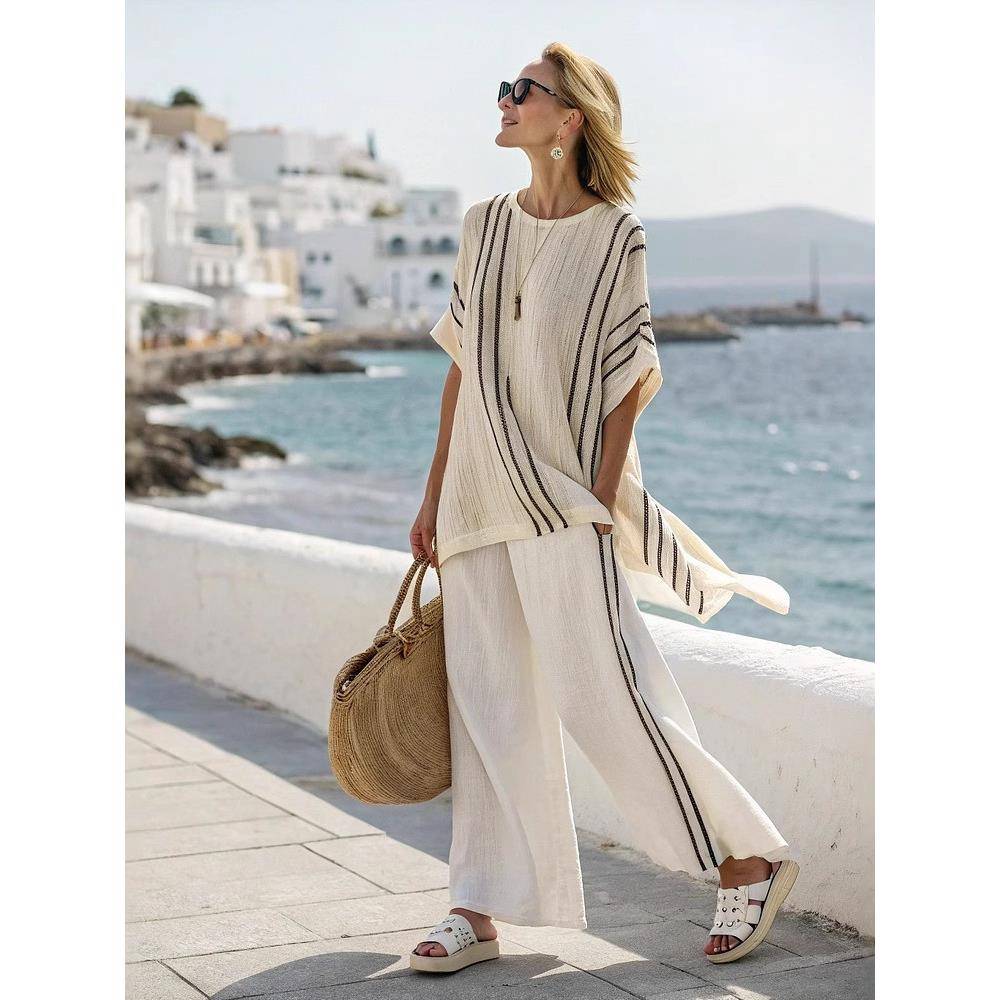 Two piece set欧美圆领短袖日常时尚休闲撞色宽松阔腿裤两件套女