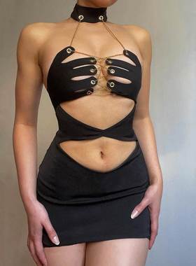 Solid Color Hollow Tie Slim Fit Dress 纯色镂空修身显瘦连衣裙