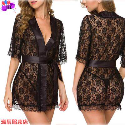 Sexy Lingerie Lace Hollow Nightgown Set 睡衣内衣蕾丝镂空睡袍