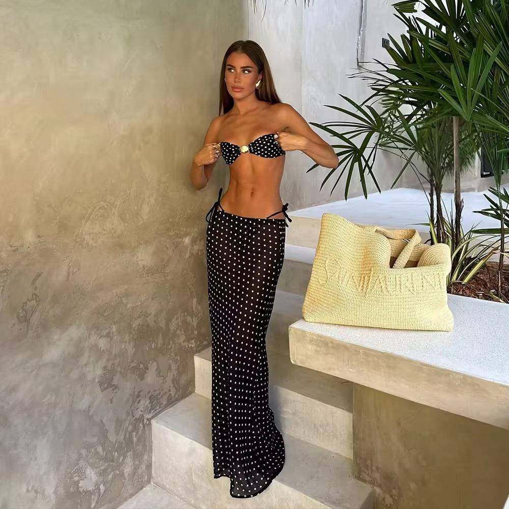 抹胸波点比基尼长裙三件套泳装欧美网红两件式泳衣遮肉显瘦bikini