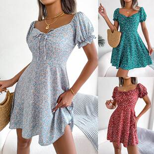 Women style casual horn sleeve drawstring lace floral dress